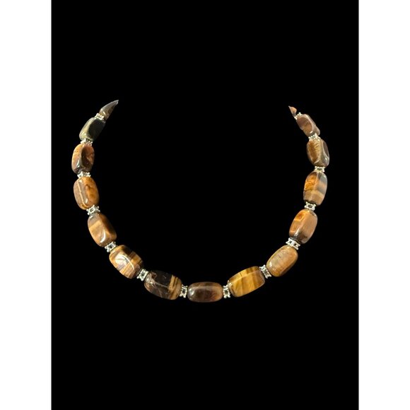 Vintage Tigers Eye Beaded 16" Necklace w/ Silver-Tone Accents & Adjustable Chain - Picture 2 of 5